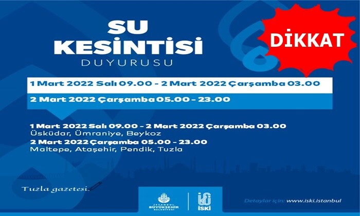 02 Mart 2022 Çarşamba günü Tuzla' da Su kesintisi