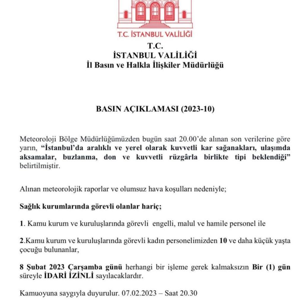 8 Şubat 2023 İstanbul'da hamile ve engelli kamu çalışanlarına izin